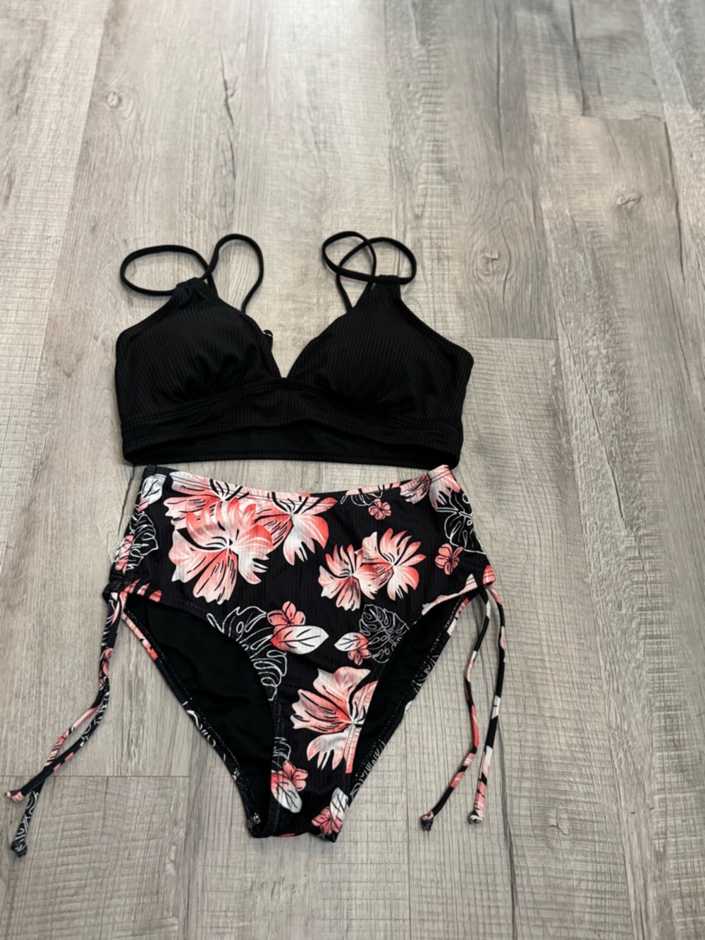 Floral High-Waist Bikini Set - Black with Pink Floral